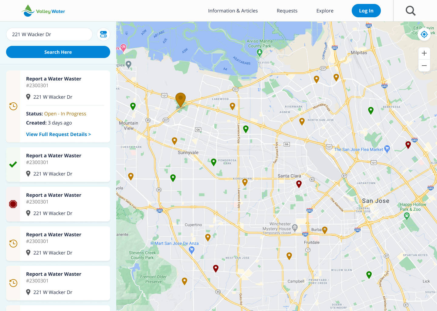 Screenshot of the Access Valley Water website request map, multiple requests with markers can be seen clustered together with information on each request.