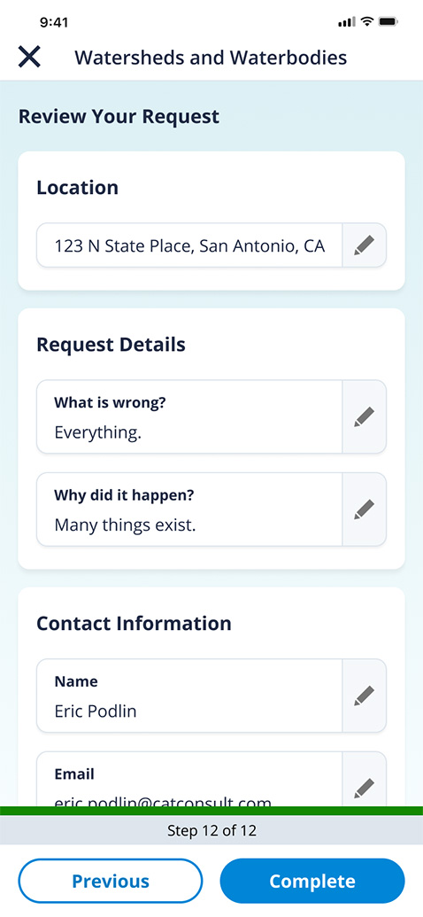 Screenshot of the Access Valley Water request summary screen.