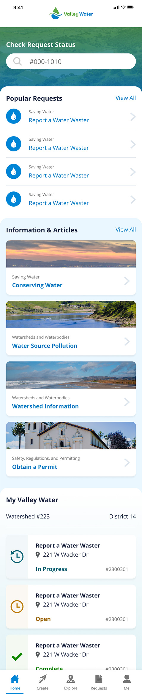 Screenshot of the Access Valley Water app home screen.