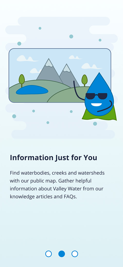 Screenshot of the Access Valley Water onboarding screen, telling you how to use the app with a nice illustration.