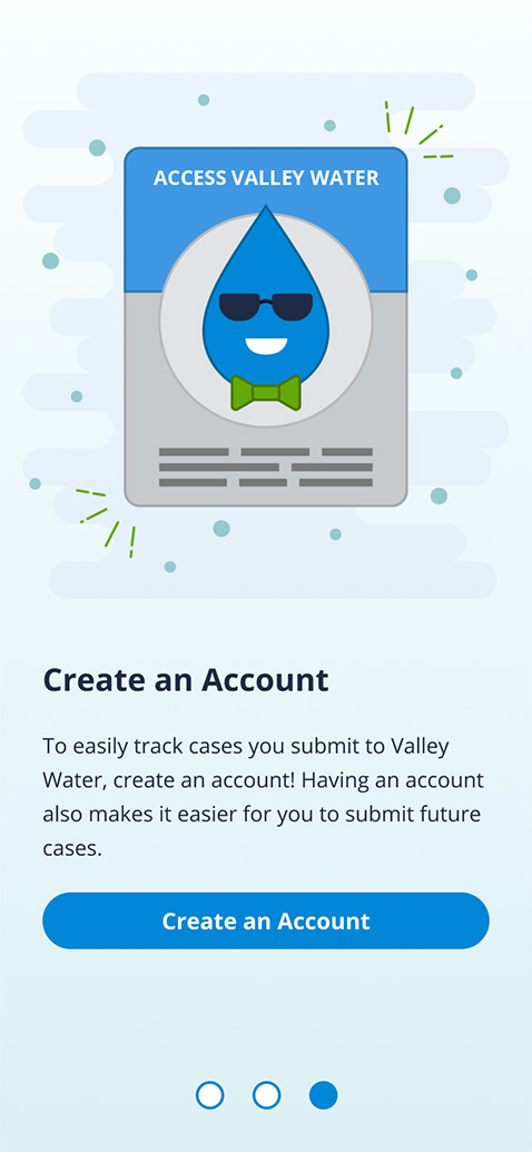Screenshot of the Access Valley Water onboarding screen, telling you how to use the app with a nice illustration.
