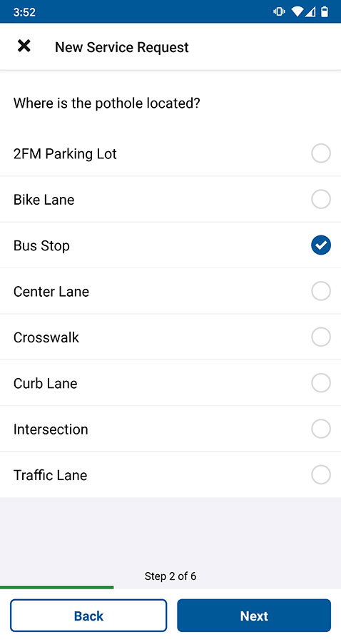 Screenshot of the CHI311 app request entry, the user is selecting options for pothole issues.