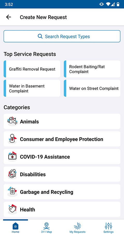 Screenshot of the CHI311 app request selection, a number of selectable categories are visible.