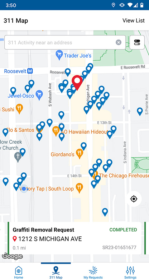 Screenshot of the CHI311 app request map, a number of pins are visible on a map showing requests made by city users.