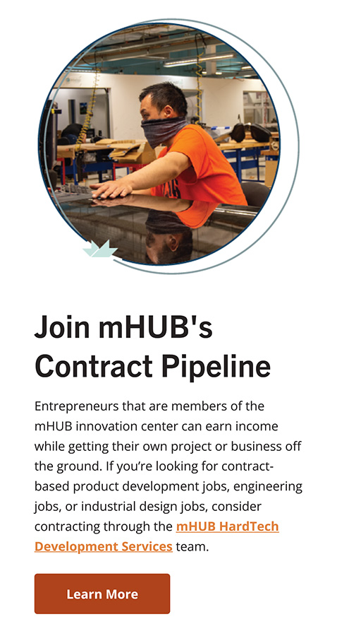 Screenshot of the mHUB website mobile view, showing information about joining mHUB.