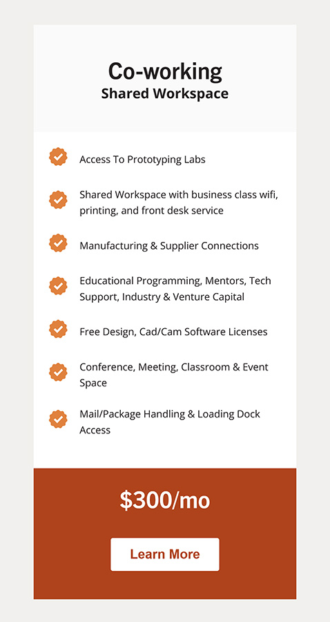 Screenshot of the mHUB website mobile view, a chart showing information on workspaces.