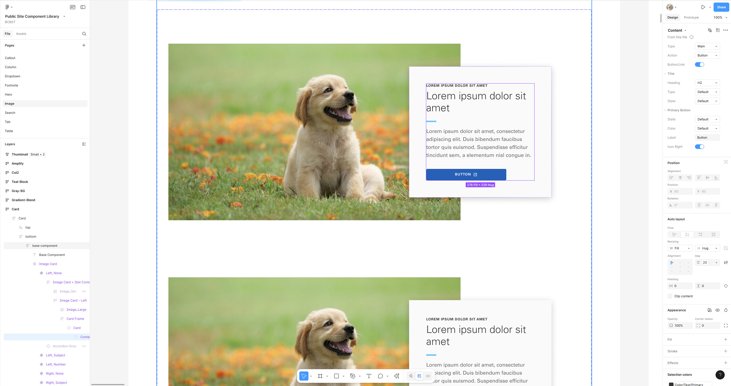 Screenshot of the design system library in Figma, showing off a component and its' settings.